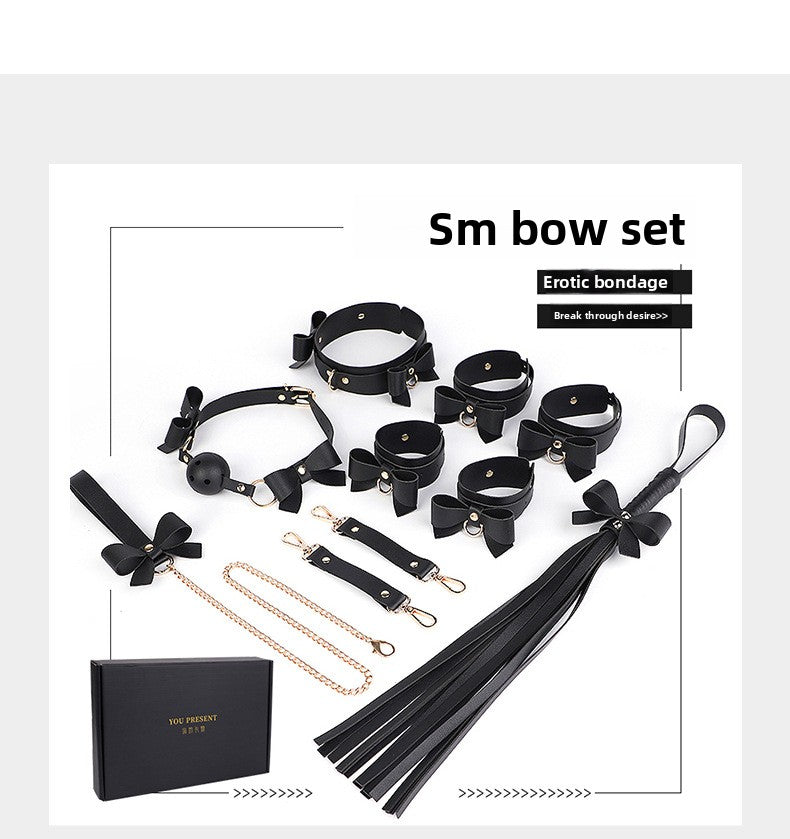 SM Props Set 5-Piece Set Bowknot Erotic Whip PVC Ball Gag Female Slave Leash Collar Restraint Handcuffs
