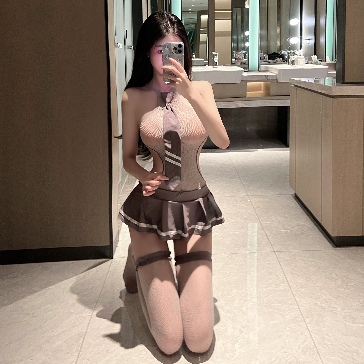 Sexy Lingerie Temptation No-Need-Strip Student One-Piece Mesh Dress JK Skirt Passionate Uniform Set 5709