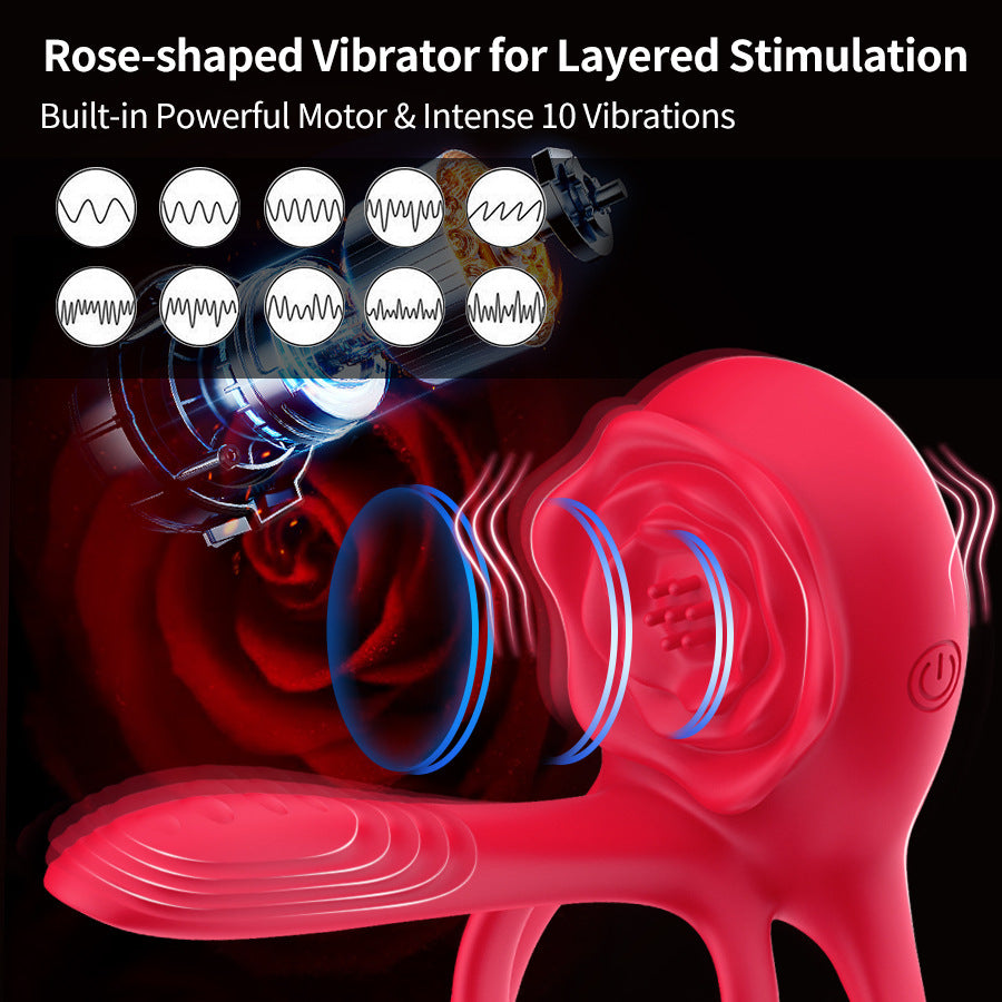 Hot-selling Rose Flower Wearable Vibrating Locking Semen Ring for Couples, Male Use