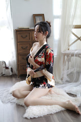 Sexy Lingerie Deep V Japanese Kimono Cute Playful Role Play Bathrobe Set for Women 5060