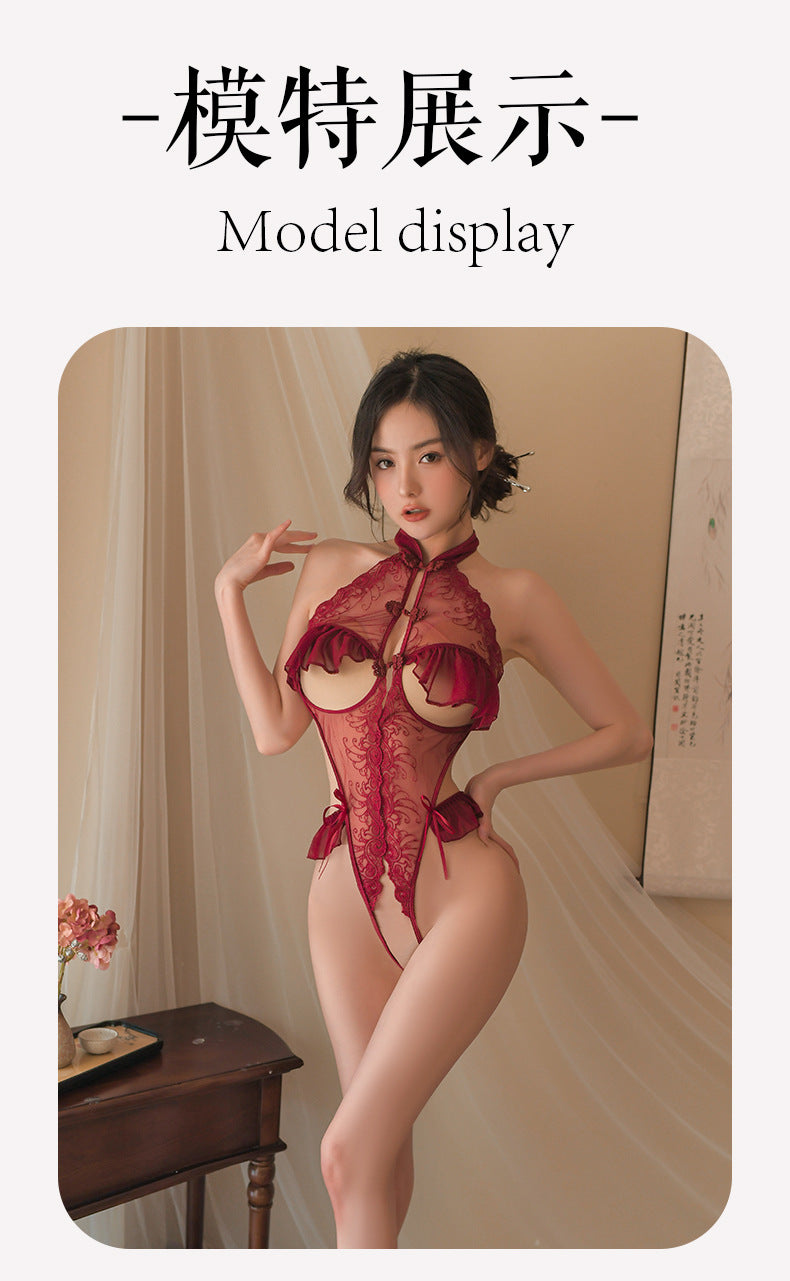 Seductive Uniform No Need to Take Off Chest Exposing See-through Mesh Backless Sexy Open Crotch Ladylike Uniform Set 5800