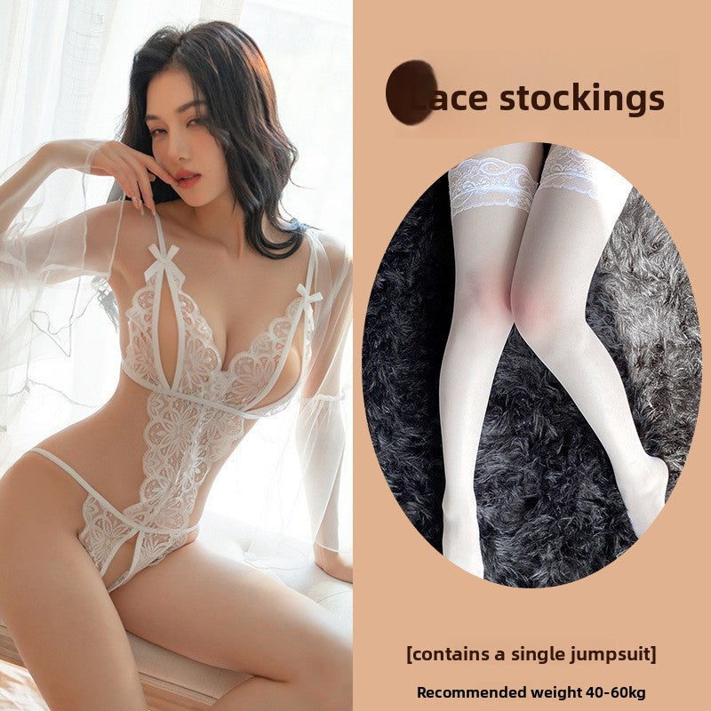 Sexy Lingerie Lace See-through Open Chest Hot Open Crotch No Need to Take Off Backless Teasing Bodysuit 5613