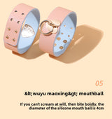 Sex Toys SM Props Macaron Genuine Leather Bondage Set Hand and Foot Cuffs Training Collar Mouth Gag Spanker Adult