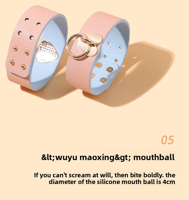 Sex Toys SM Props Macaron Genuine Leather Bondage Set Hand and Foot Cuffs Training Collar Mouth Gag Spanker Adult