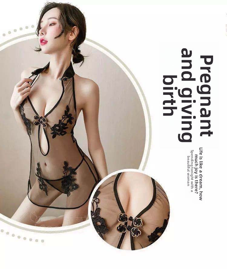 Sexy Lingerie Lace Slit Free-Stripping Uniform Mesh Classical Embroidery Cheongsam Set for Women 5354