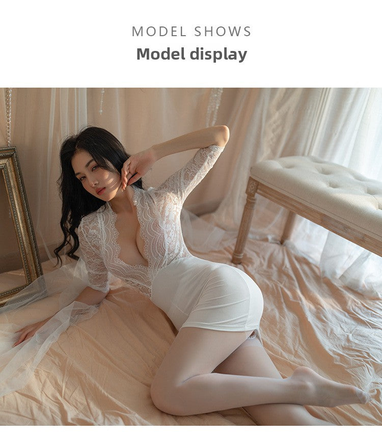 Sexy Lingerie Deep V See-through No-take-off Tight Bodycon Dress Jumpsuit OL Secretary Uniform 5450