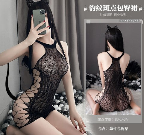 Sexy Women's Erotic Lingerie See-through One-piece Open Crotch No-take-off Passionate Bed Temptation Fishnet Stockings Set