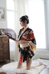 Sexy Lingerie Deep V Japanese Kimono Cute Playful Role Play Bathrobe Set for Women 5060