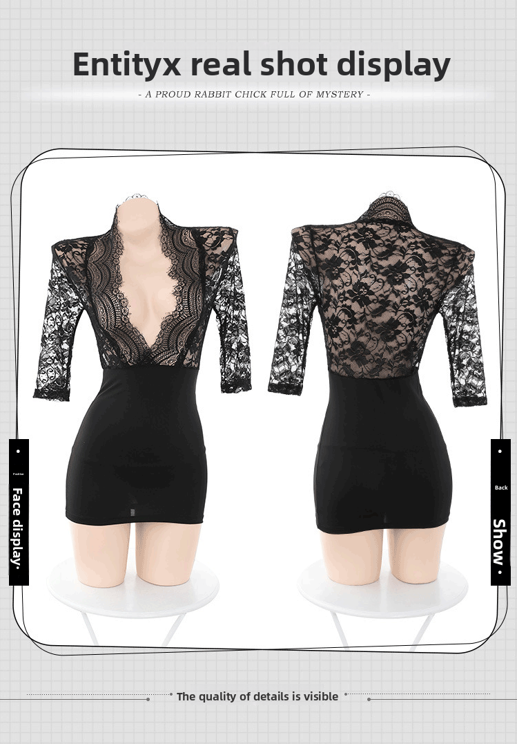 Sexy Lingerie Lace Patent Leather Pattern Secretary Role Play Professional Women Bodycon Dress 5542