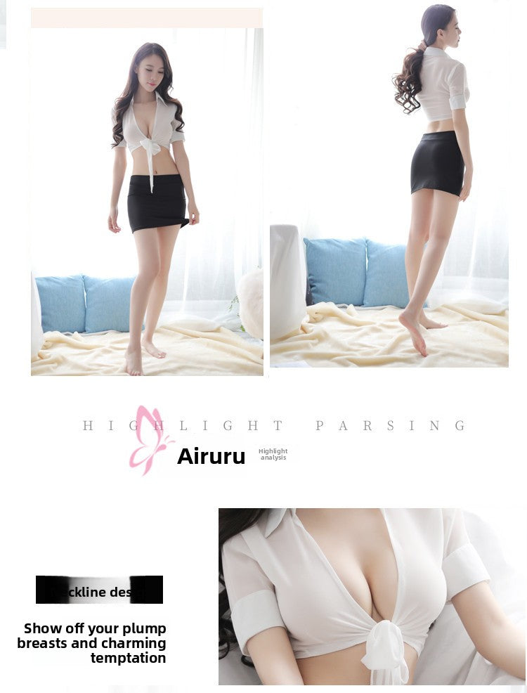 New Chiffon Sexy Lingerie Women's See-through Cardigan Uniform Temptation Sexy Bodycon Short Skirt Secretary Set