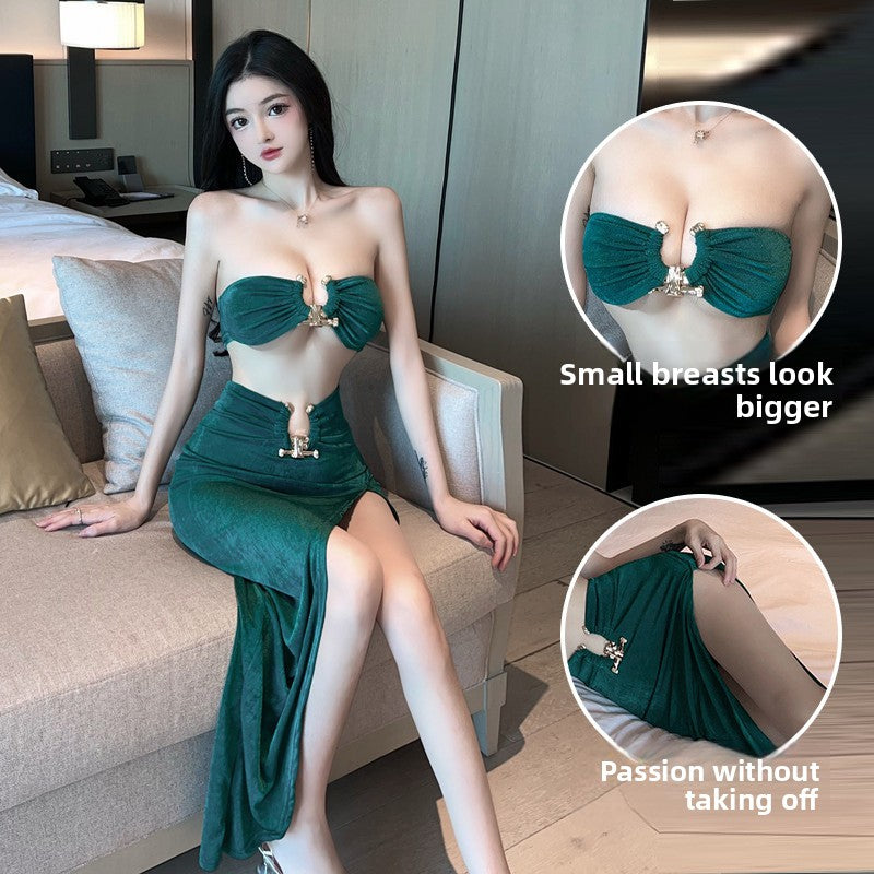 Sexy Lingerie Tube Top Temptation Tight High-Slit Bodycon Long Dress Nightclub Party Set 5724