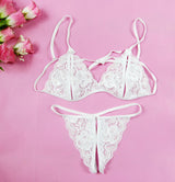 Sexy Lingerie Temptation Lace Transparent Women's Three-Point Open-Crotch Set