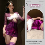 Sexy Lingerie Lace Patent Leather Pattern Secretary Role Play Professional Women Bodycon Dress 5542