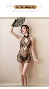 Sexy Lingerie Lace Slit Free-Stripping Uniform Mesh Classical Embroidery Cheongsam Set for Women 5354