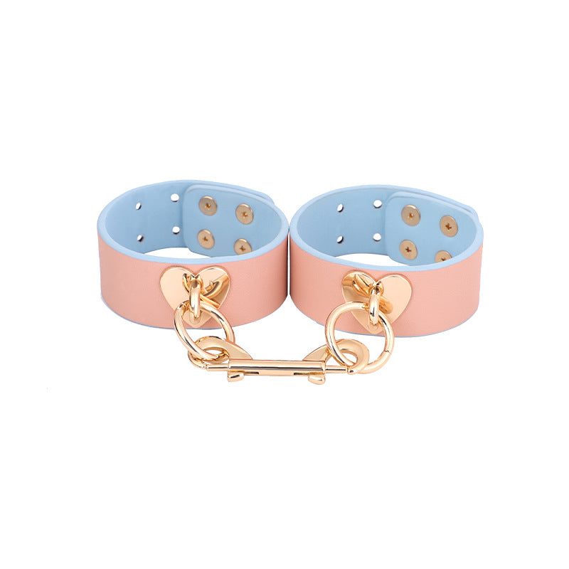 Sex Toys SM Props Macaron Genuine Leather Bondage Set Hand and Foot Cuffs Training Collar Mouth Gag Spanker Adult