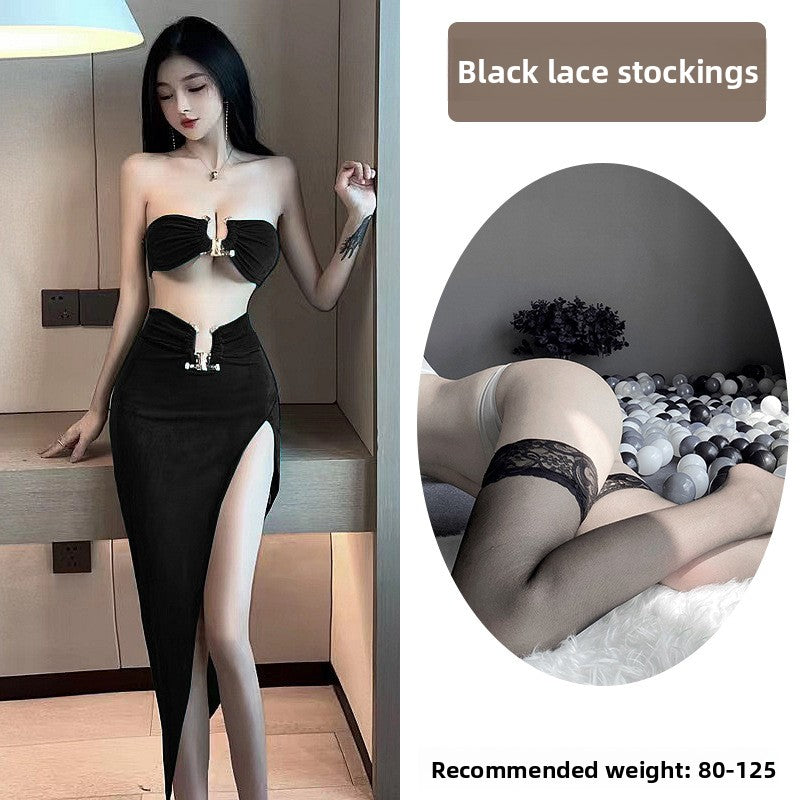 Sexy Lingerie Tube Top Temptation Tight High-Slit Bodycon Long Dress Nightclub Party Set 5724