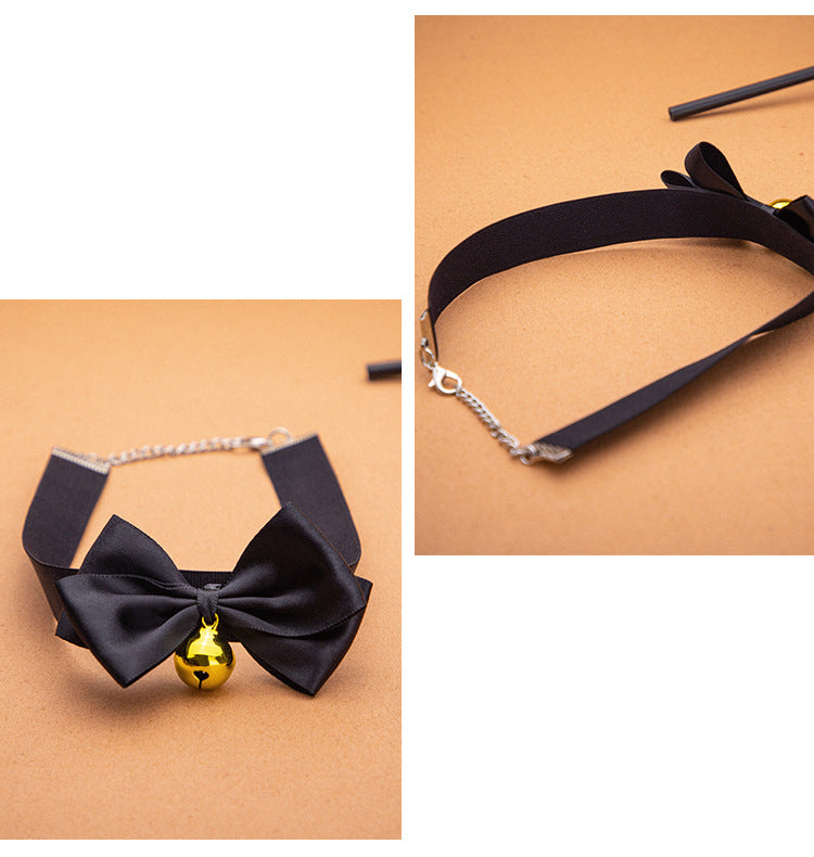 SM Sex Props Polyester Braided Belt Black Bow Bell Collar