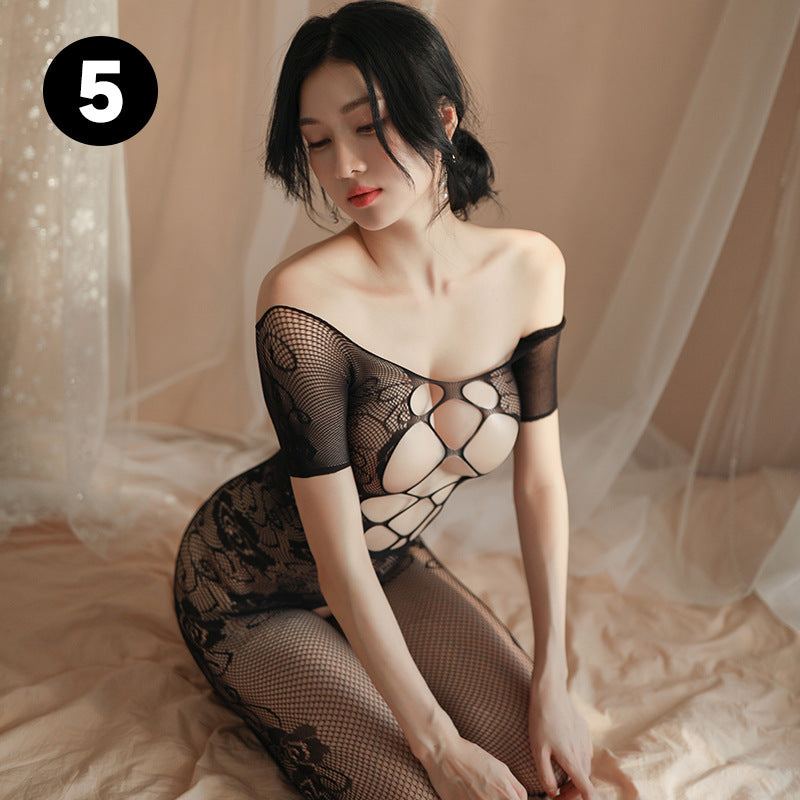 Sexy Lingerie with Hollow Out Design, See-Through Rose Embroidery, Open Crotch Temptation Bodysuit with Stockings and Fishnet 5