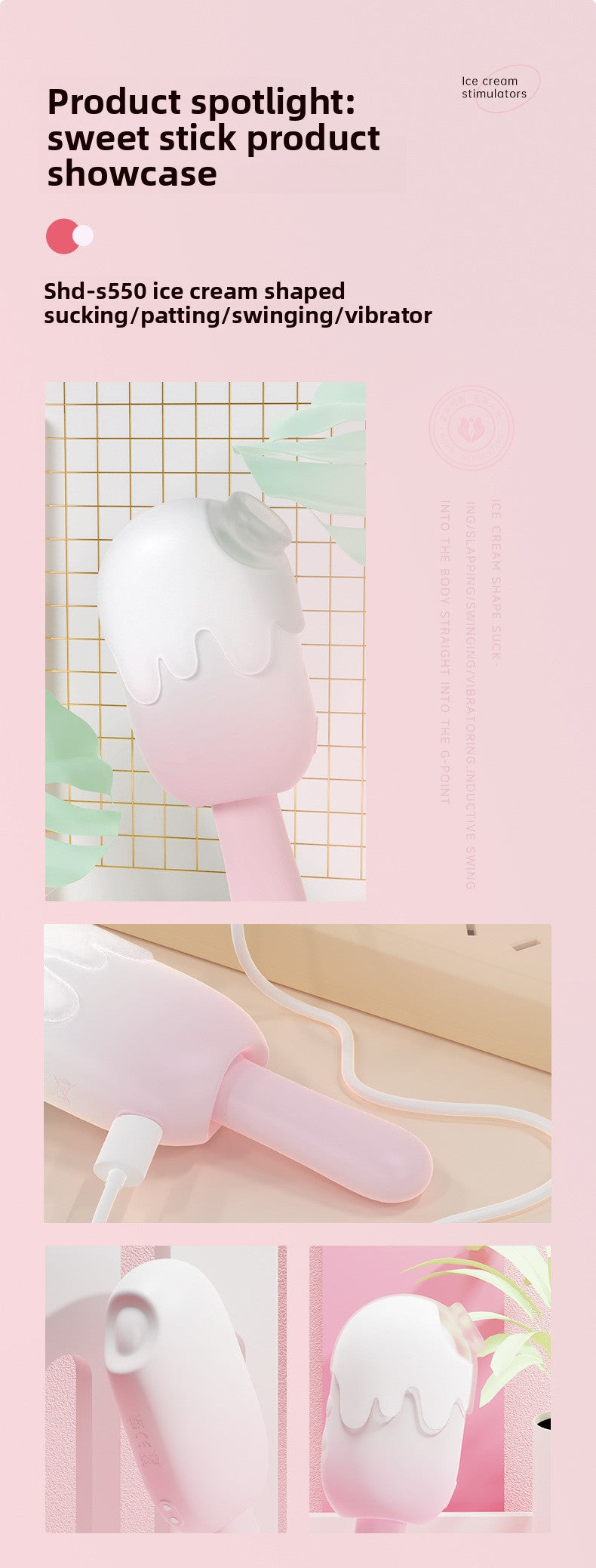 Ice Cream Stick Female Masturbator Cute Design Vibrating Suction Patting Multi-Functional Smooth Vibrator Insertion