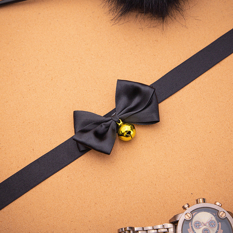 SM Sex Props Polyester Braided Belt Black Bow Bell Collar