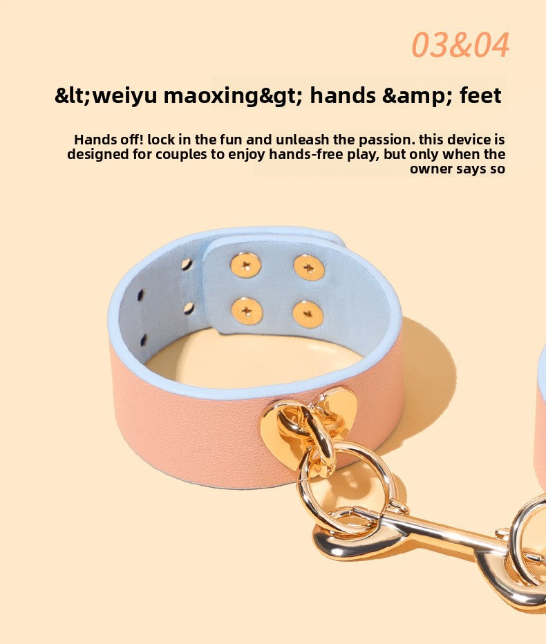 Sex Toys SM Props Macaron Genuine Leather Bondage Set Hand and Foot Cuffs Training Collar Mouth Gag Spanker Adult