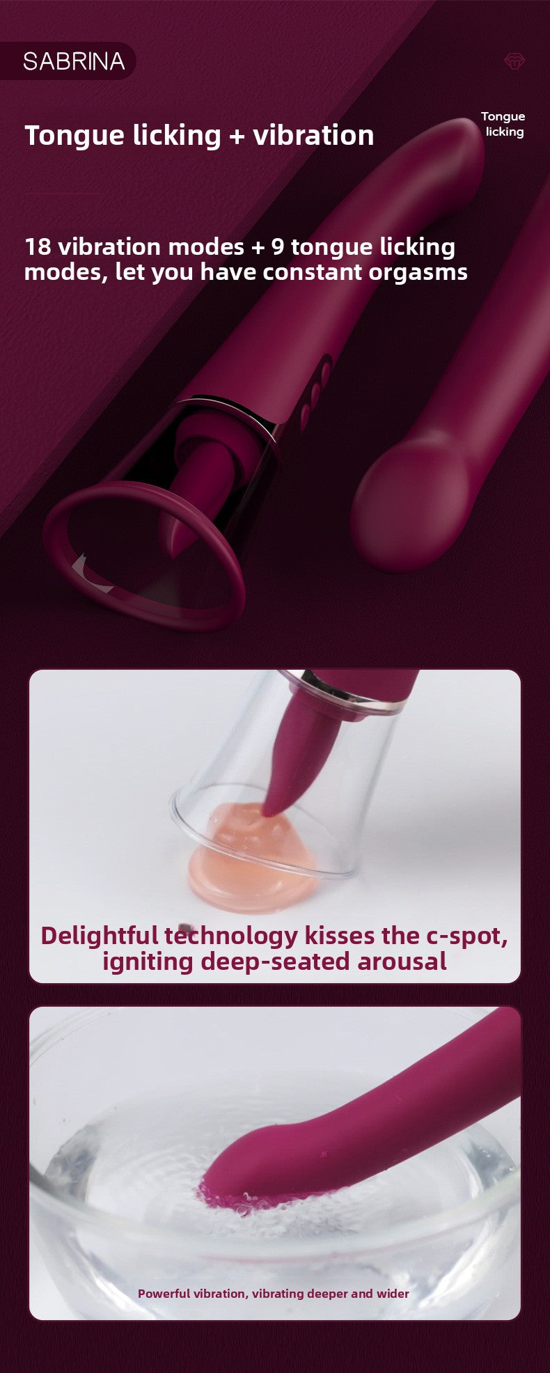 Sabrina Realistic Tongue Licking Sucking Inserting Vibrator for Men and Women Rechargeable