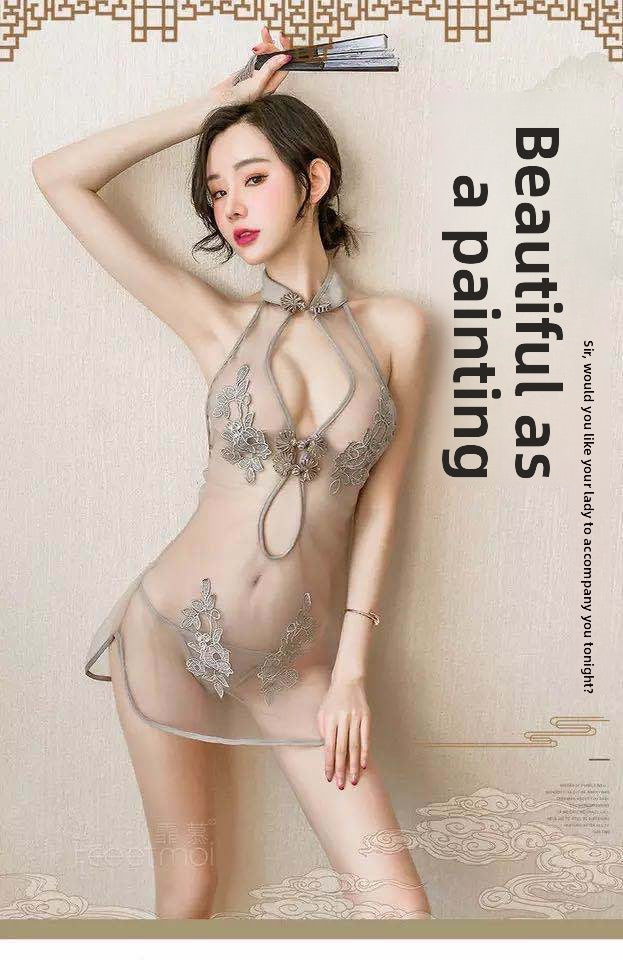 Sexy Lingerie Lace Slit Free-Stripping Uniform Mesh Classical Embroidery Cheongsam Set for Women 5354