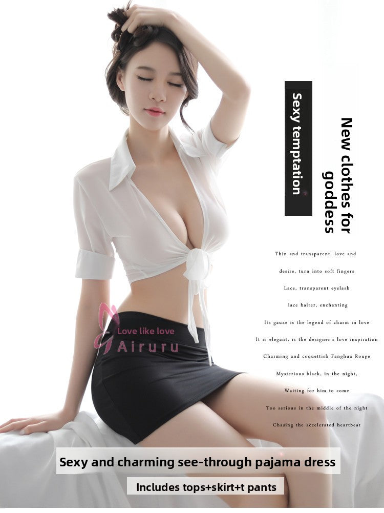 New Chiffon Sexy Lingerie Women's See-through Cardigan Uniform Temptation Sexy Bodycon Short Skirt Secretary Set