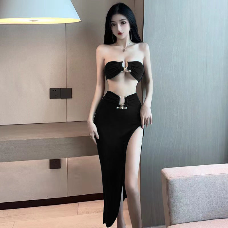 Sexy Lingerie Tube Top Temptation Tight High-Slit Bodycon Long Dress Nightclub Party Set 5724