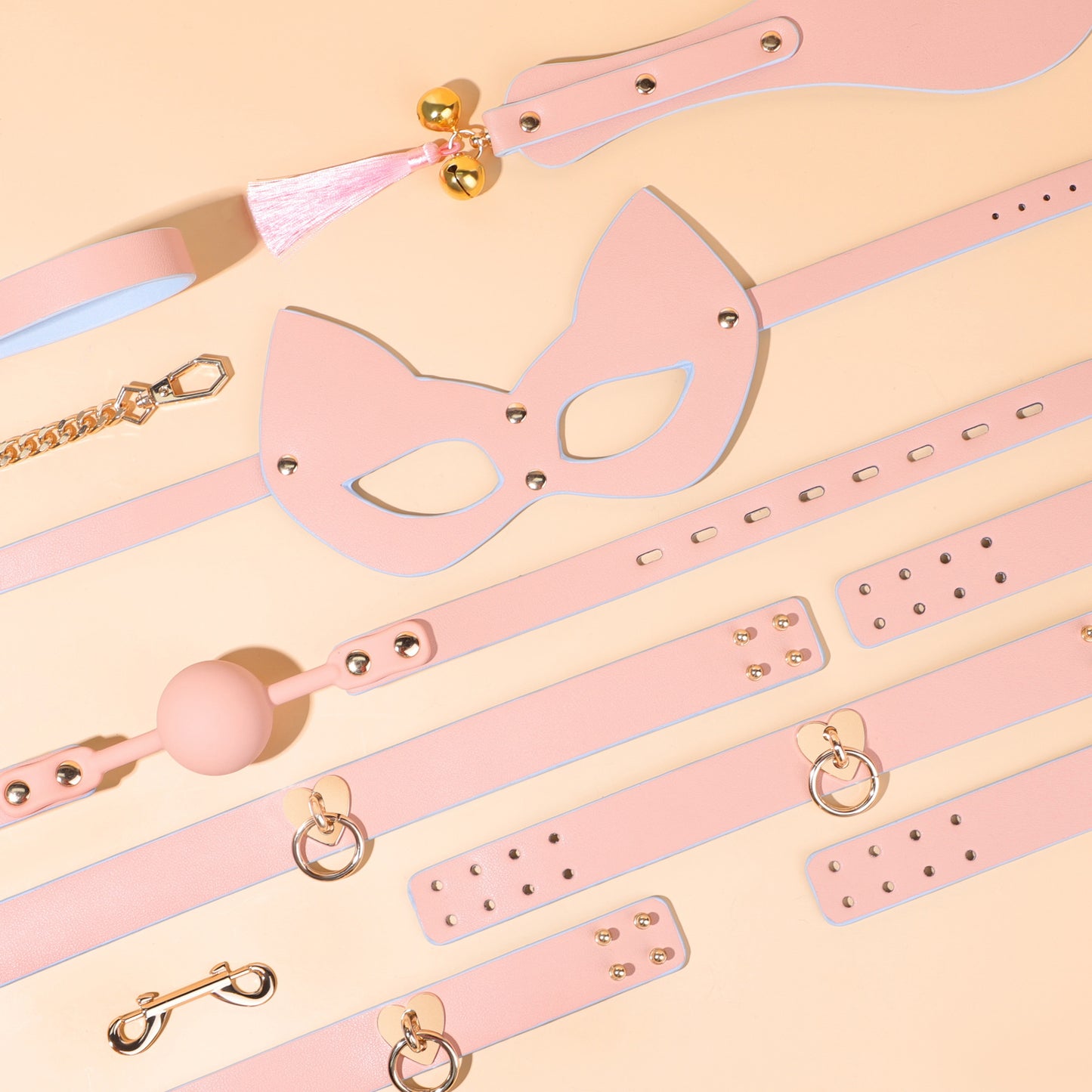 Sex Toys SM Props Macaron Genuine Leather Bondage Set Hand and Foot Cuffs Training Collar Mouth Gag Spanker Adult