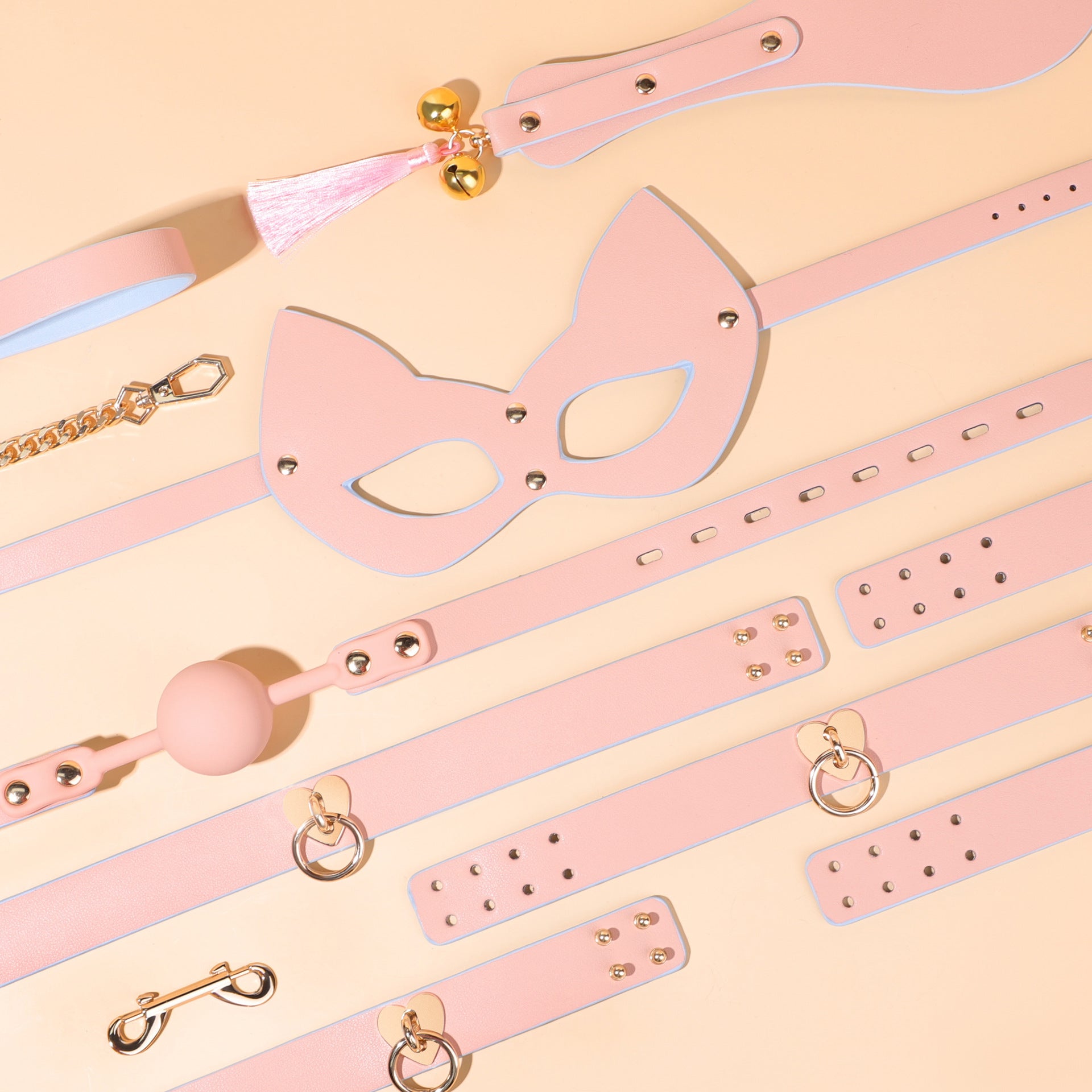 Sex Toys SM Props Macaron Genuine Leather Bondage Set Hand and Foot Cuffs Training Collar Mouth Gag Spanker Adult