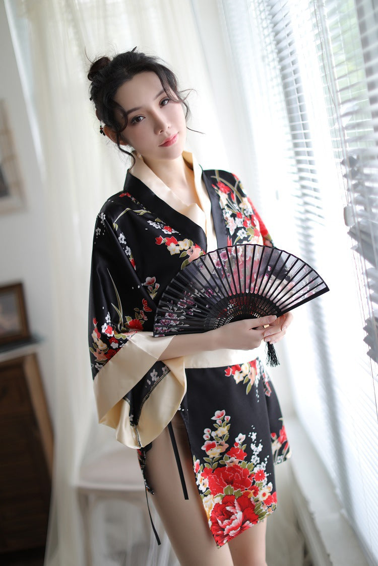 Sexy Lingerie Deep V Japanese Kimono Cute Playful Role Play Bathrobe Set for Women 5060