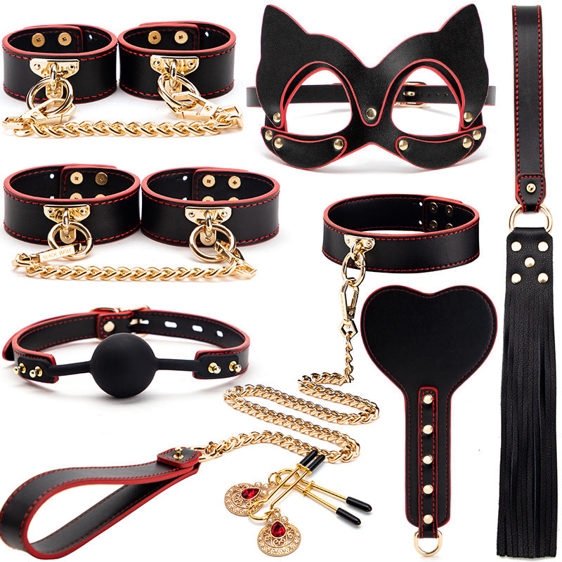 High-end SM Props Genuine Leather 8-Piece Set with Case Bondage Handcuffs Leash Collar Punishment Training Whip Adult Products