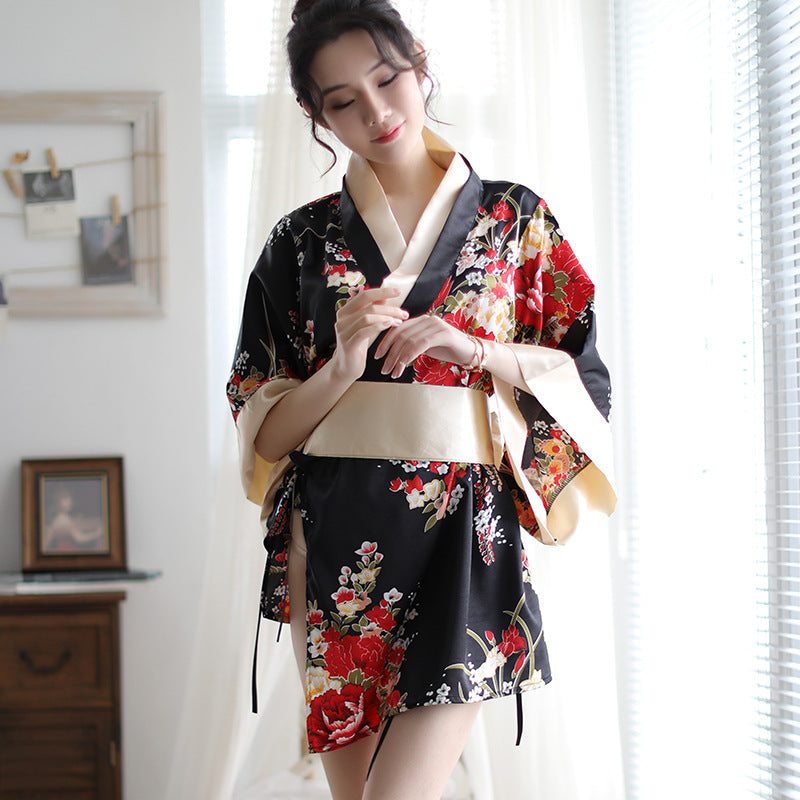 Sexy Lingerie Deep V Japanese Kimono Cute Playful Role Play Bathrobe Set for Women 5060