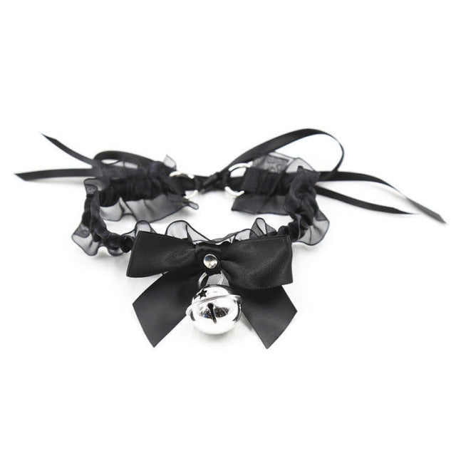 SM Sex Props Polyester Braided Belt Black Bow Bell Collar