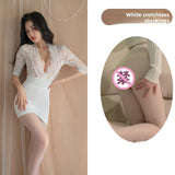 Sexy Lingerie Deep V See-through No-take-off Tight Bodycon Dress Jumpsuit OL Secretary Uniform 5450