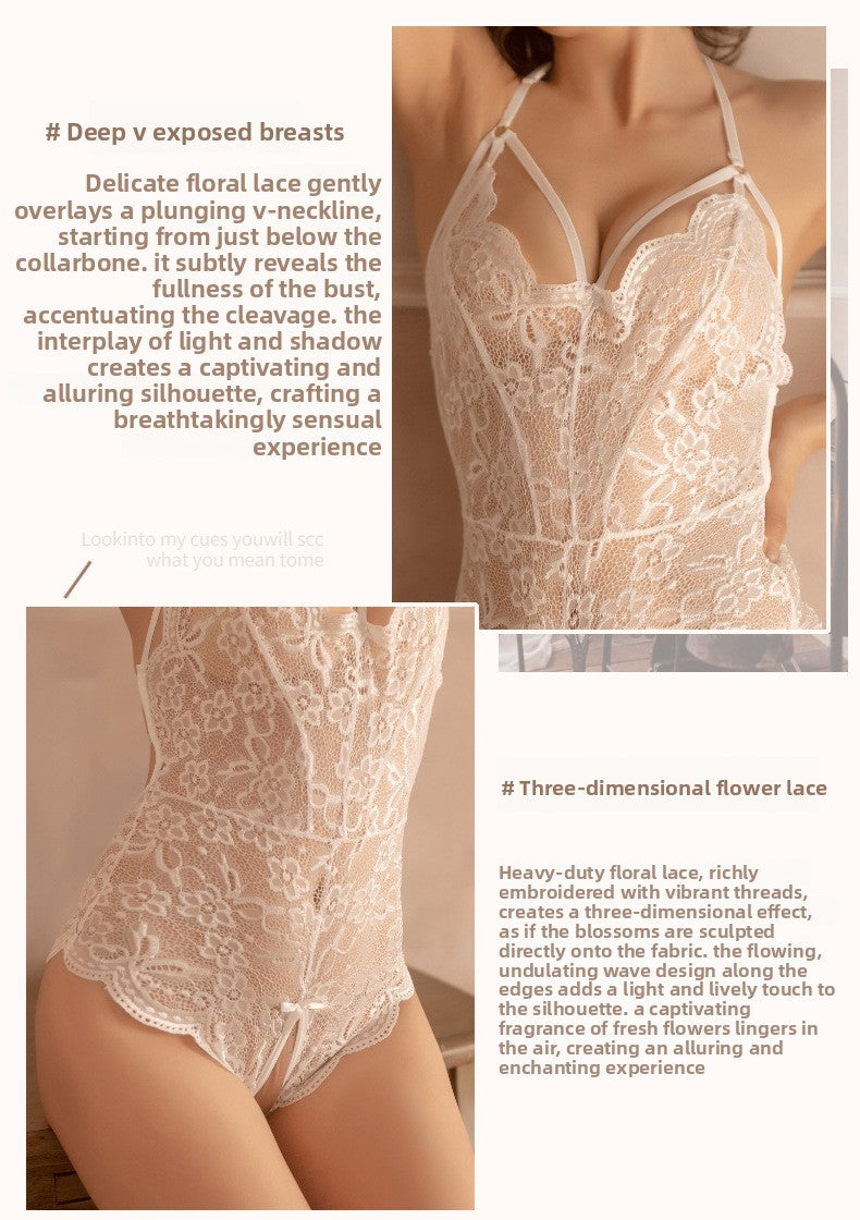 Sexy Lingerie Sexy Bodysuit Adult Lace Open Crotch No Need to Take Off Breast Hanging Neck Small Chest Plus Size Women's Set
