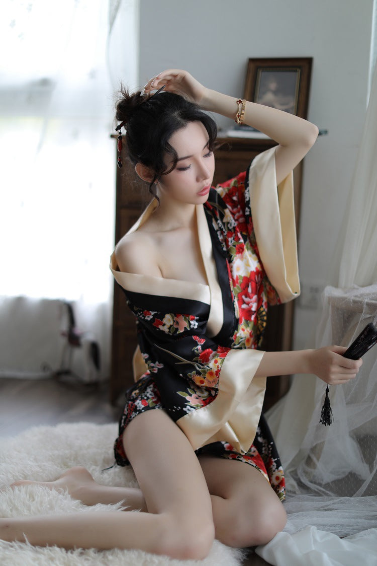 Sexy Lingerie Deep V Japanese Kimono Cute Playful Role Play Bathrobe Set for Women 5060