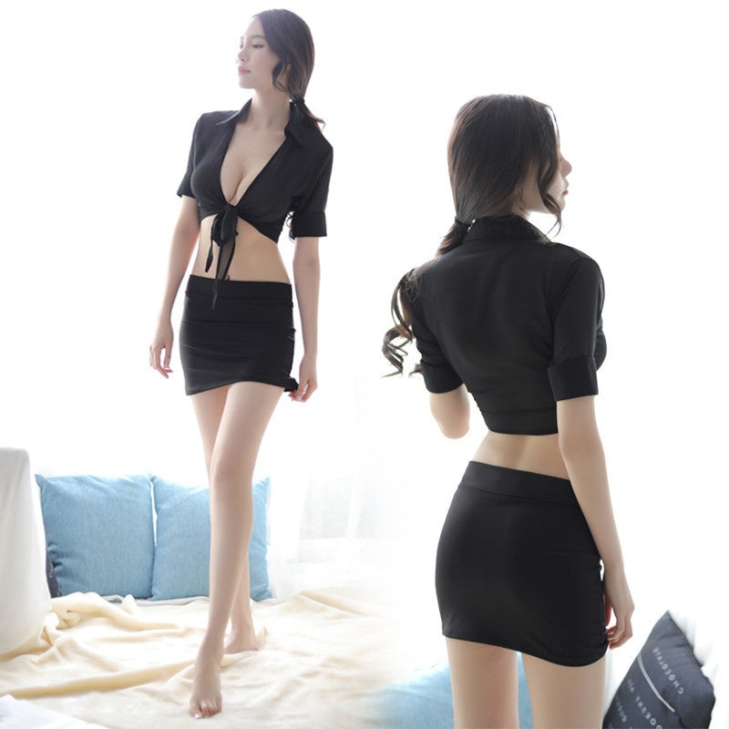 New Chiffon Sexy Lingerie Women's See-through Cardigan Uniform Temptation Sexy Bodycon Short Skirt Secretary Set
