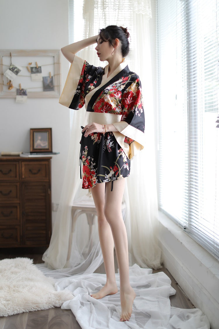 Sexy Lingerie Deep V Japanese Kimono Cute Playful Role Play Bathrobe Set for Women 5060