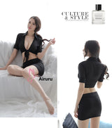 New Chiffon Sexy Lingerie Women's See-through Cardigan Uniform Temptation Sexy Bodycon Short Skirt Secretary Set