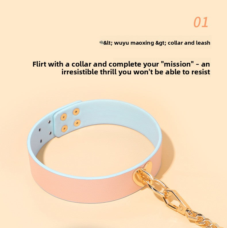 Sex Toys SM Props Macaron Genuine Leather Bondage Set Hand and Foot Cuffs Training Collar Mouth Gag Spanker Adult