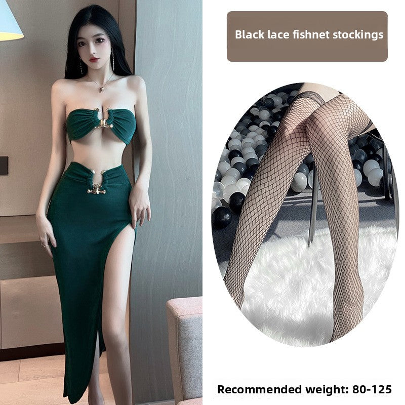 Sexy Lingerie Tube Top Temptation Tight High-Slit Bodycon Long Dress Nightclub Party Set 5724