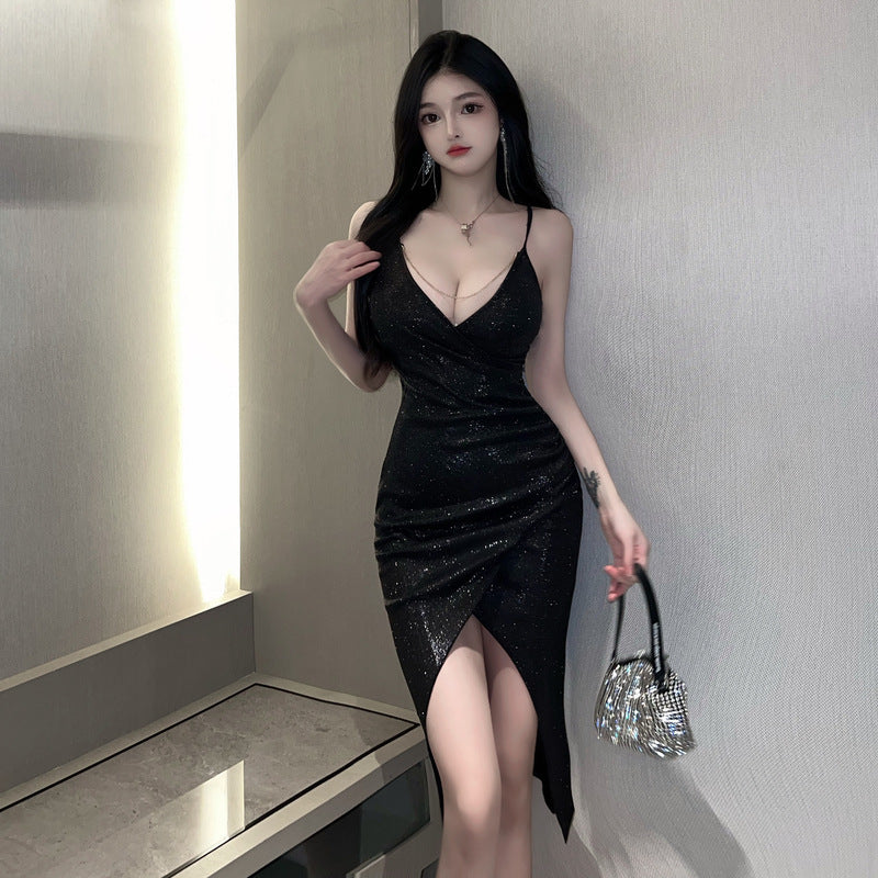New Sexy Lingerie Deep V Sequin Split High-End Elegant Slim Hot Girl Dress 5442