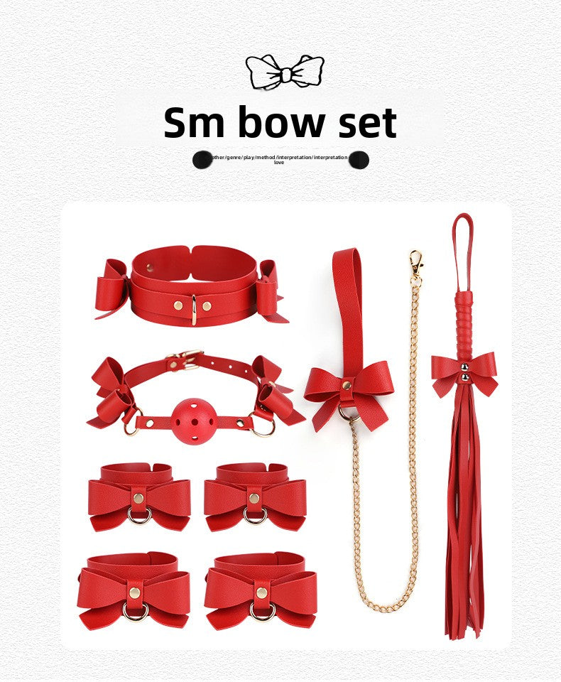 SM Props Set 5-Piece Set Bowknot Erotic Whip PVC Ball Gag Female Slave Leash Collar Restraint Handcuffs