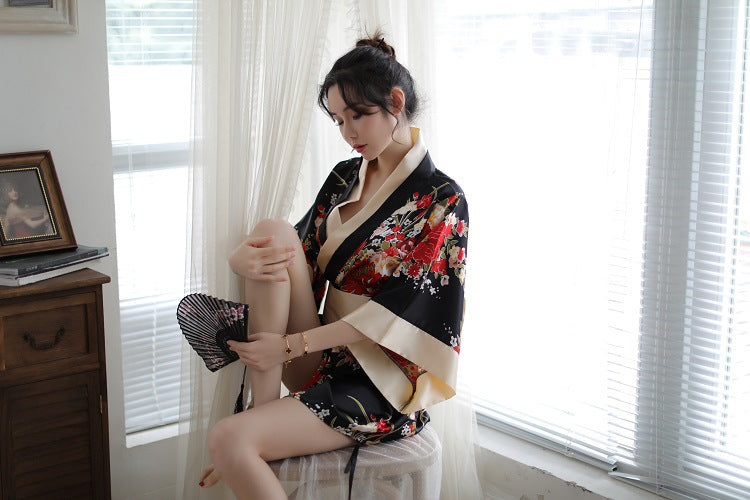 Sexy Lingerie Deep V Japanese Kimono Cute Playful Role Play Bathrobe Set for Women 5060