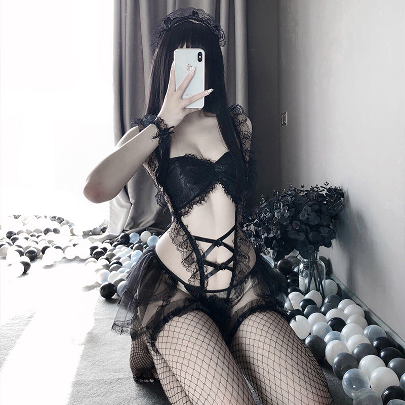 New Style Sexy Lingerie Cute Playful Little Maid Sexy Sheer Mesh Uniform Temptation Role Play Beautiful Set