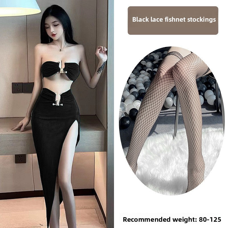 Sexy Lingerie Tube Top Temptation Tight High-Slit Bodycon Long Dress Nightclub Party Set 5724
