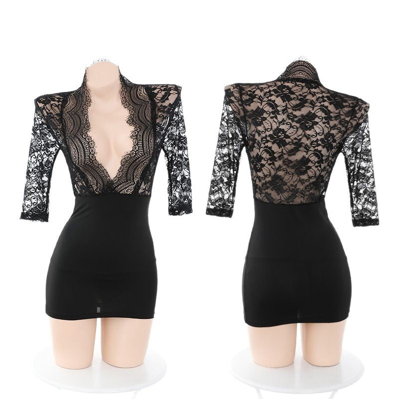 Sexy Lingerie Lace Patent Leather Pattern Secretary Role Play Professional Women Bodycon Dress 5542