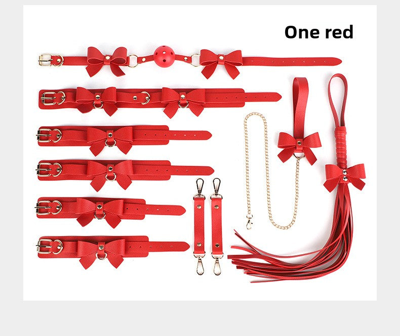 SM Props Set 5-Piece Set Bowknot Erotic Whip PVC Ball Gag Female Slave Leash Collar Restraint Handcuffs